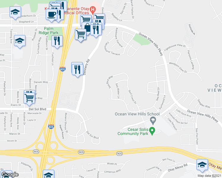 map of restaurants, bars, coffee shops, grocery stores, and more near Sea Bird Way in San Diego
