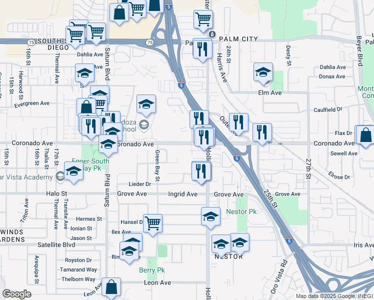 map of restaurants, bars, coffee shops, grocery stores, and more near 1130 22nd Street in San Diego