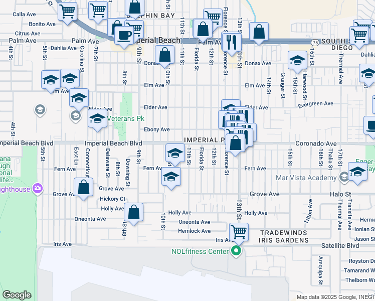 map of restaurants, bars, coffee shops, grocery stores, and more near 1166 Florida Street in Imperial Beach