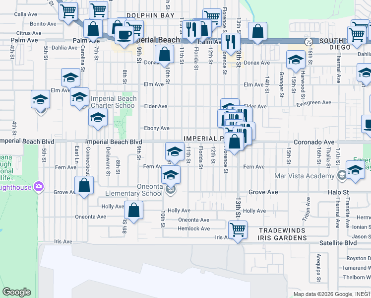 map of restaurants, bars, coffee shops, grocery stores, and more near 1037-1097 Imperial Beach Boulevard in Imperial Beach