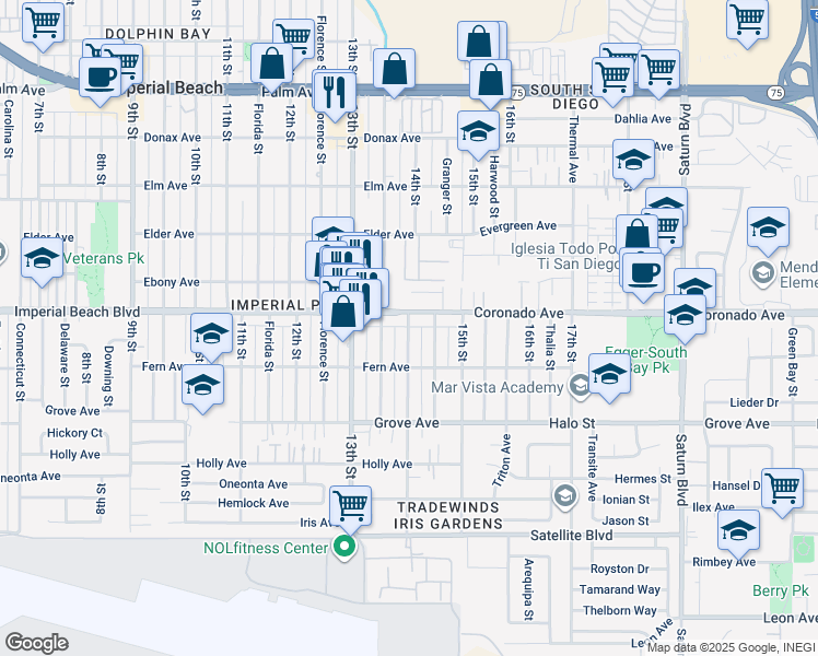 map of restaurants, bars, coffee shops, grocery stores, and more near 14th Street in San Diego