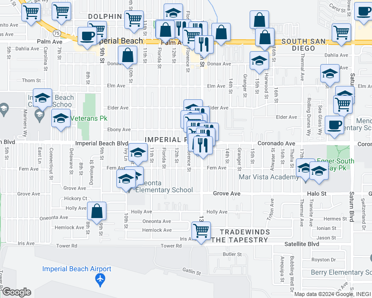 map of restaurants, bars, coffee shops, grocery stores, and more near 1120 Florence Street in Imperial Beach