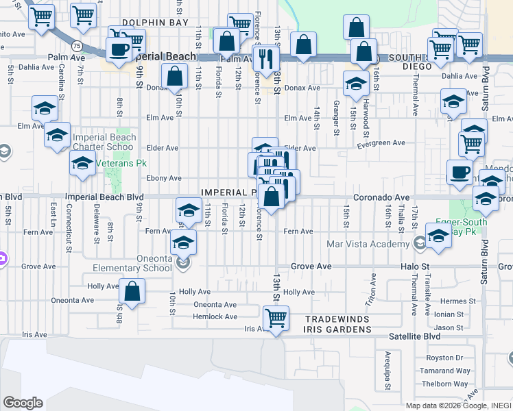 map of restaurants, bars, coffee shops, grocery stores, and more near 1147 Florence Street in Imperial Beach
