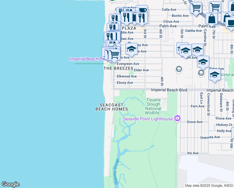 map of restaurants, bars, coffee shops, grocery stores, and more near 1160 Seacoast Drive in Imperial Beach