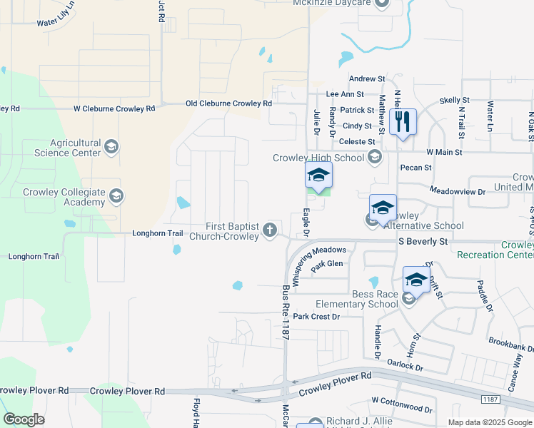 map of restaurants, bars, coffee shops, grocery stores, and more near 1434 Briar Circle in Crowley