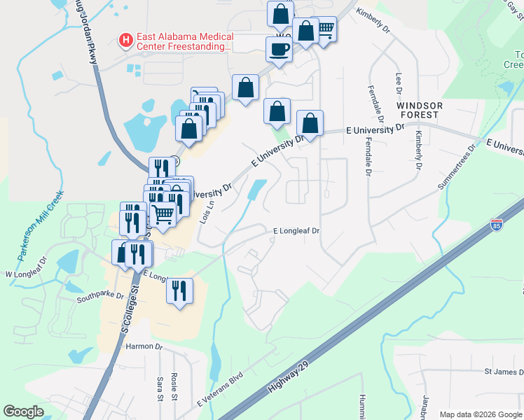 map of restaurants, bars, coffee shops, grocery stores, and more near 1753 Lois Ln in Auburn