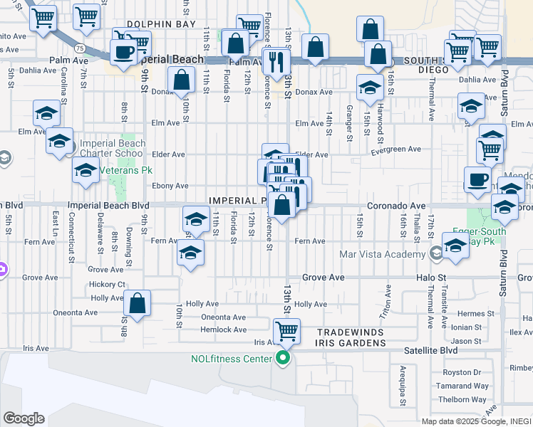 map of restaurants, bars, coffee shops, grocery stores, and more near 1297 Imperial Beach Boulevard in Imperial Beach