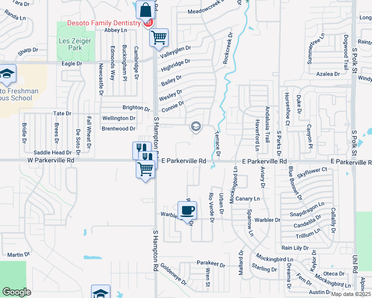 map of restaurants, bars, coffee shops, grocery stores, and more near 400 East Parkerville Road in DeSoto
