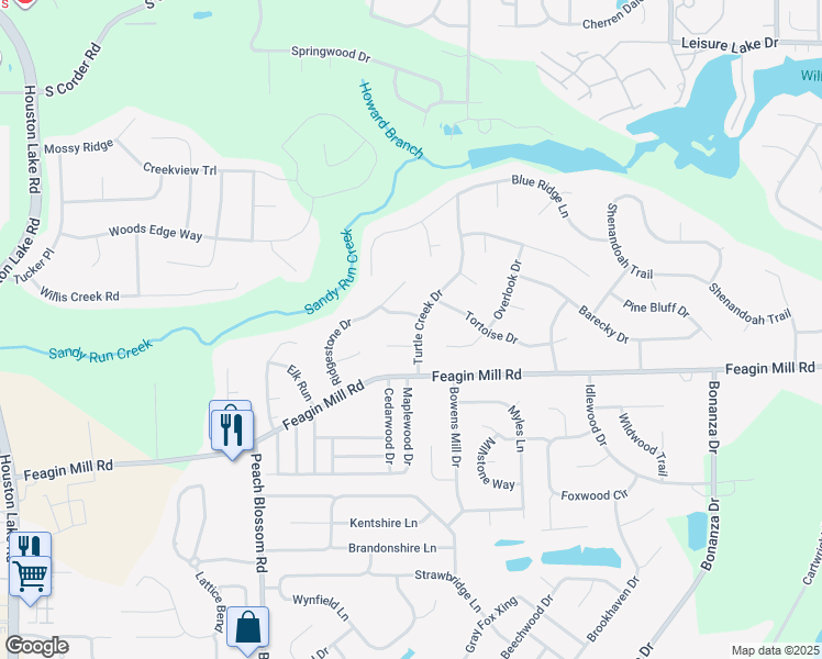 map of restaurants, bars, coffee shops, grocery stores, and more near 107 Turtle Creek Drive in Warner Robins