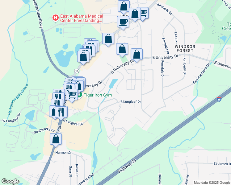 map of restaurants, bars, coffee shops, grocery stores, and more near 168 East University Drive in Auburn