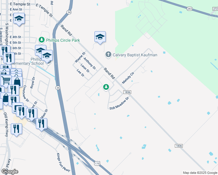 map of restaurants, bars, coffee shops, grocery stores, and more near 1505 Ridgebriar Drive in Kaufman