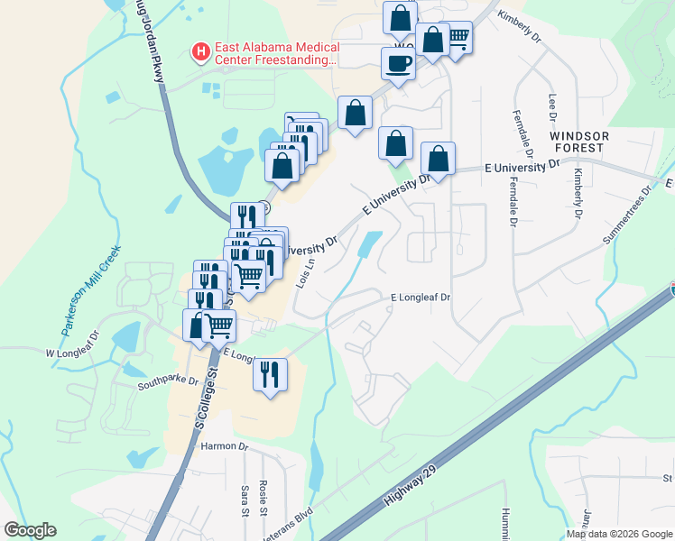 map of restaurants, bars, coffee shops, grocery stores, and more near 148 East University Drive in Auburn