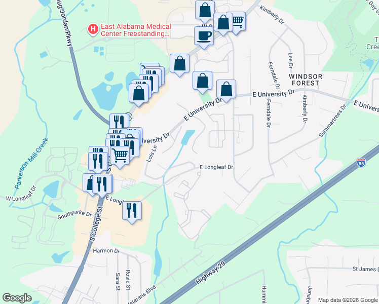 map of restaurants, bars, coffee shops, grocery stores, and more near 1753 Lois Ln in Auburn