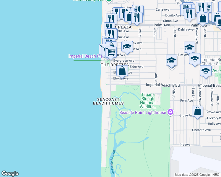 map of restaurants, bars, coffee shops, grocery stores, and more near 809 Seacoast Drive in Imperial Beach