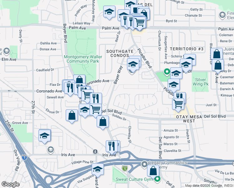map of restaurants, bars, coffee shops, grocery stores, and more near 3340 Del Sol Boulevard in San Diego