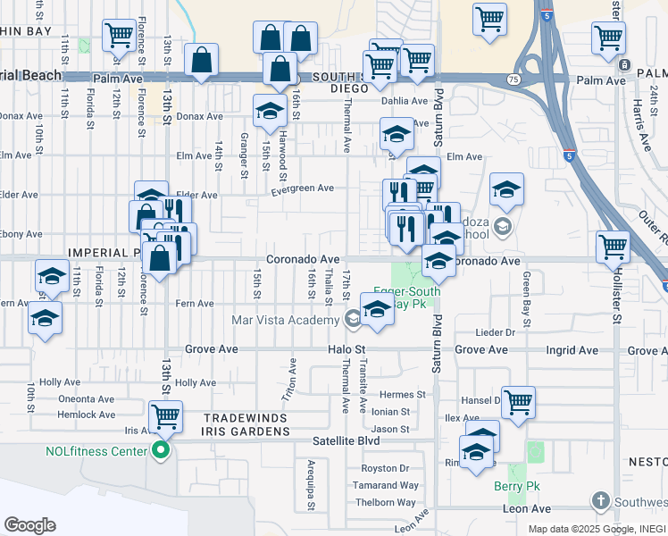 map of restaurants, bars, coffee shops, grocery stores, and more near 1111 Thalia Street in San Diego