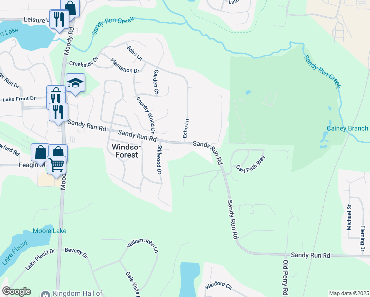 map of restaurants, bars, coffee shops, grocery stores, and more near 422 Sandy Run Road in Warner Robins