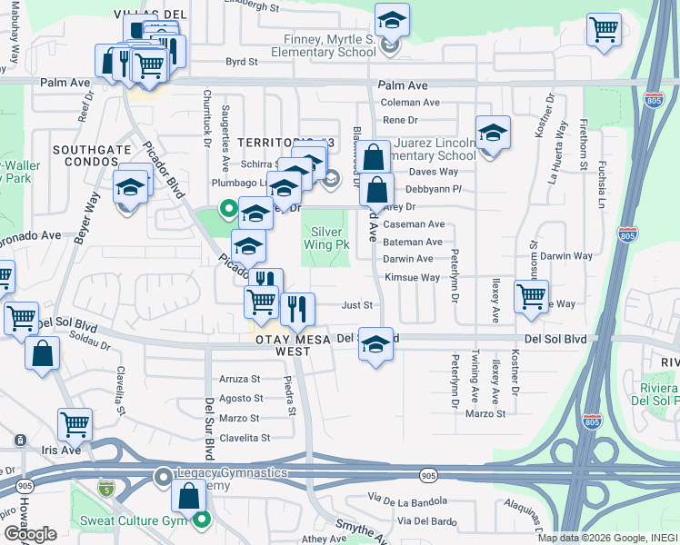 map of restaurants, bars, coffee shops, grocery stores, and more near 3783 Andrews Court in San Diego