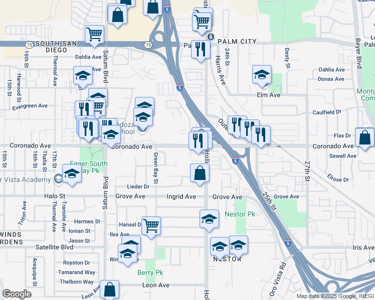 map of restaurants, bars, coffee shops, grocery stores, and more near 1120 Nestor Way in San Diego