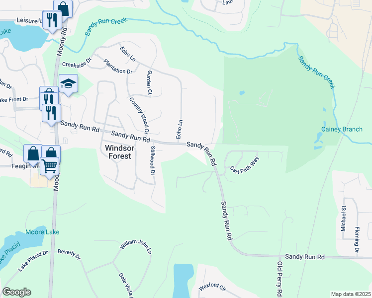 map of restaurants, bars, coffee shops, grocery stores, and more near 422 Sandy Run Road in Warner Robins