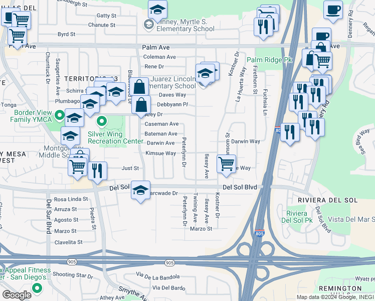 map of restaurants, bars, coffee shops, grocery stores, and more near 1133 Peterlynn Drive in San Diego