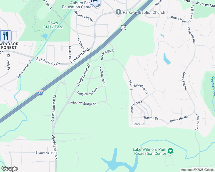 map of restaurants, bars, coffee shops, grocery stores, and more near 1476 Millbranch Drive in Auburn
