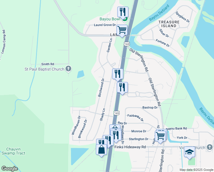 map of restaurants, bars, coffee shops, grocery stores, and more near 124 Shady Lane in Monroe
