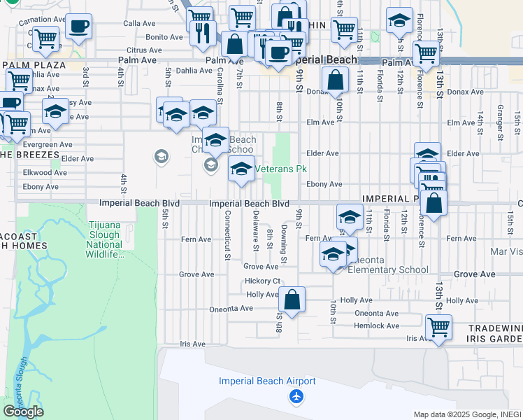 map of restaurants, bars, coffee shops, grocery stores, and more near 1111 Delaware Street in Imperial Beach