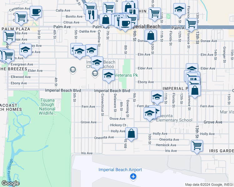 map of restaurants, bars, coffee shops, grocery stores, and more near 1111 Delaware Street in Imperial Beach