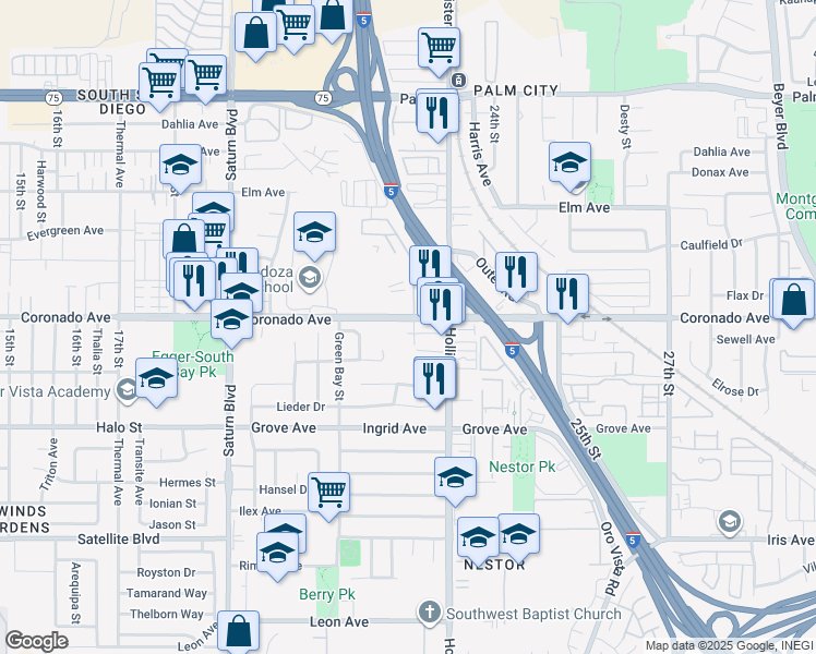 map of restaurants, bars, coffee shops, grocery stores, and more near 1130 22nd Street in San Diego