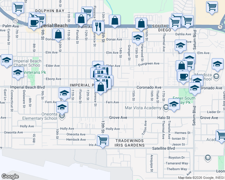 map of restaurants, bars, coffee shops, grocery stores, and more near 1163 Georgia Street in Imperial Beach