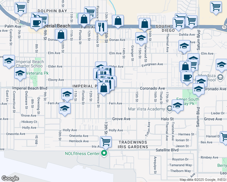 map of restaurants, bars, coffee shops, grocery stores, and more near 1163 Georgia Street in Imperial Beach