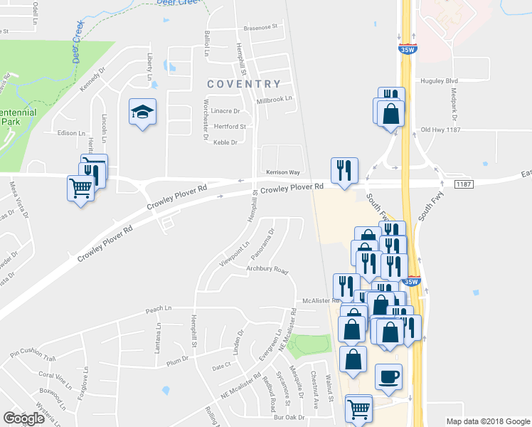 map of restaurants, bars, coffee shops, grocery stores, and more near 412 Chase Hill Lane in Burleson