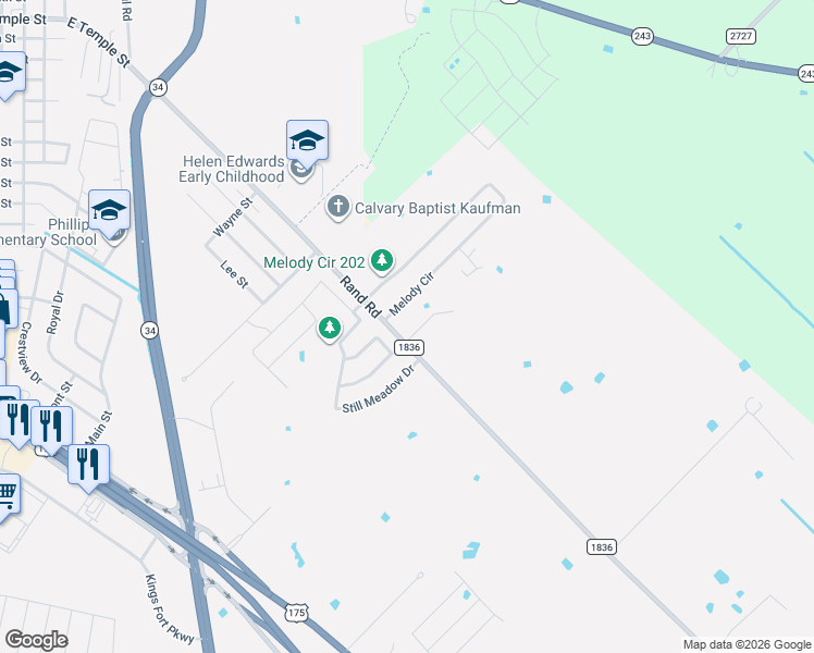 map of restaurants, bars, coffee shops, grocery stores, and more near 3341 Farm to Market Road 1836 in Kaufman