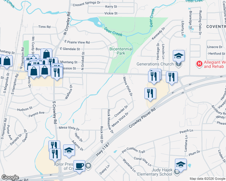 map of restaurants, bars, coffee shops, grocery stores, and more near 264 Rock Meadow Drive in Crowley