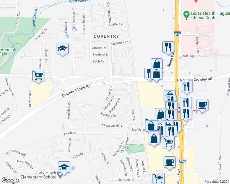map of restaurants, bars, coffee shops, grocery stores, and more near 416 Viewpoint Hill Lane in Burleson