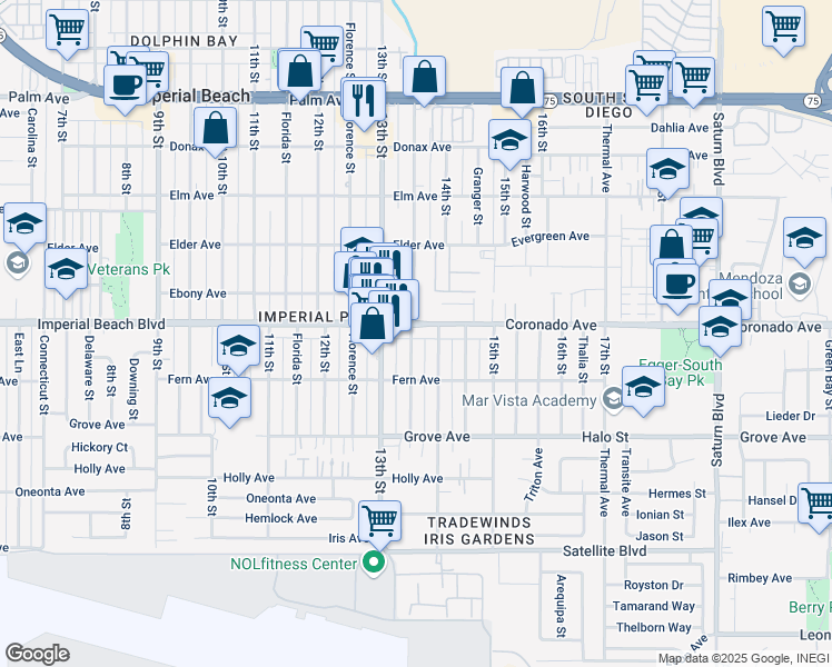 map of restaurants, bars, coffee shops, grocery stores, and more near 1163 Georgia Street in Imperial Beach