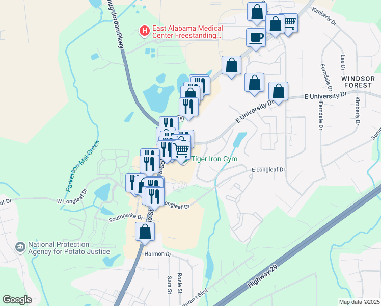 map of restaurants, bars, coffee shops, grocery stores, and more near 1617 South College Street in Auburn