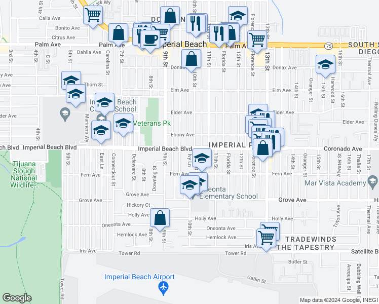 map of restaurants, bars, coffee shops, grocery stores, and more near 1118 Ivy Lane in Imperial Beach