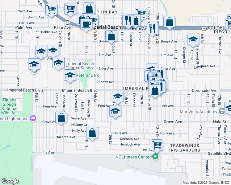 map of restaurants, bars, coffee shops, grocery stores, and more near 1031 Imperial Beach Boulevard in Imperial Beach