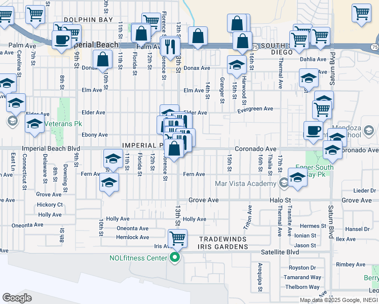map of restaurants, bars, coffee shops, grocery stores, and more near 1343 Imperial Beach Boulevard in Imperial Beach