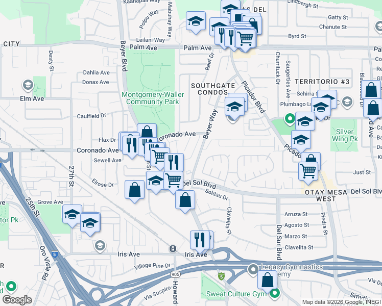 map of restaurants, bars, coffee shops, grocery stores, and more near 3120 Camino Aleta in San Diego