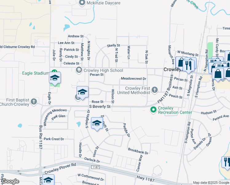 map of restaurants, bars, coffee shops, grocery stores, and more near 851 Meadowview Drive in Crowley