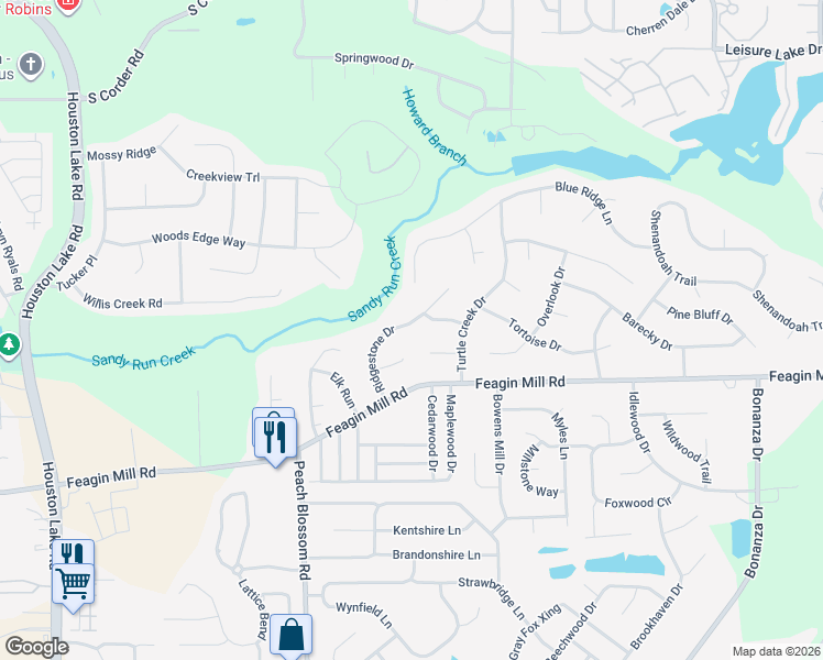 map of restaurants, bars, coffee shops, grocery stores, and more near 106 Pine Hollow Drive in Warner Robins