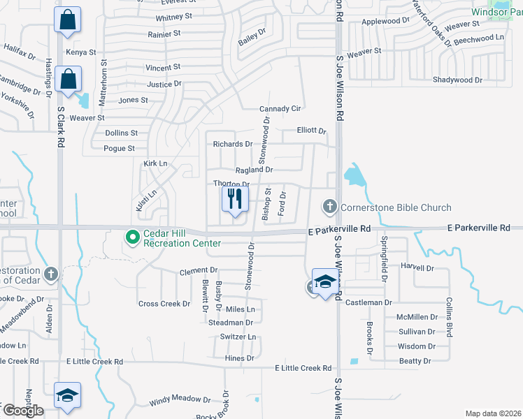 map of restaurants, bars, coffee shops, grocery stores, and more near 714 Stonewood Drive in Cedar Hill