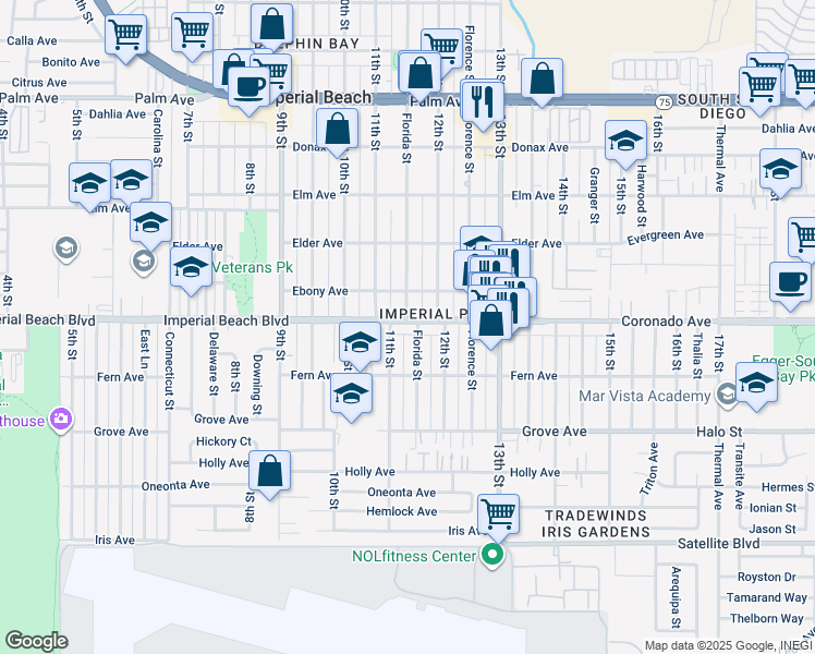 map of restaurants, bars, coffee shops, grocery stores, and more near 1141 Imperial Beach Boulevard in Imperial Beach
