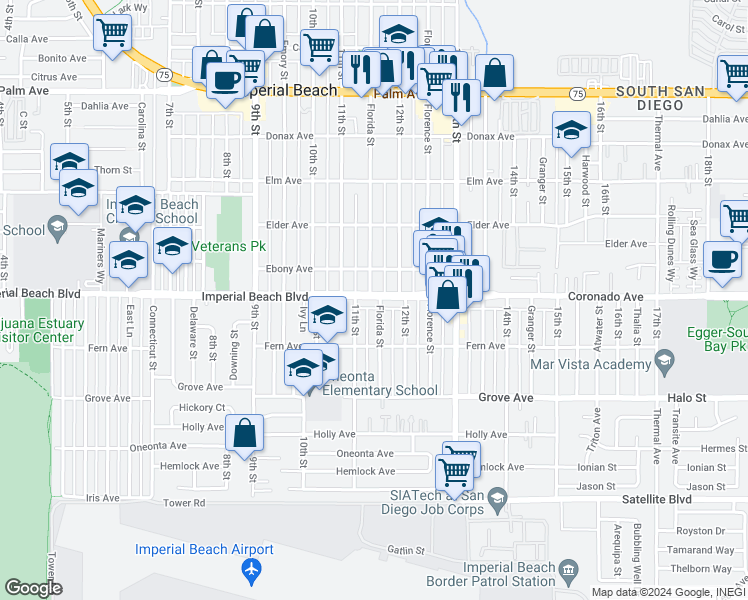 map of restaurants, bars, coffee shops, grocery stores, and more near 1143 Imperial Beach Boulevard in Imperial Beach