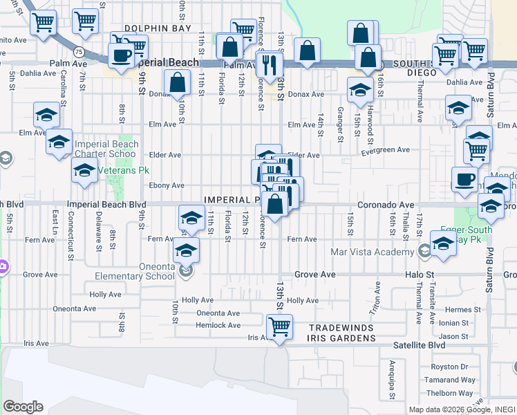 map of restaurants, bars, coffee shops, grocery stores, and more near 1256 Imperial Beach Boulevard in Imperial Beach