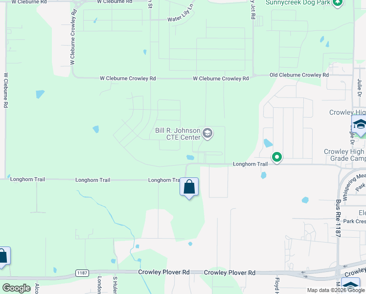 map of restaurants, bars, coffee shops, grocery stores, and more near 1950 Longhorn Trail in Crowley