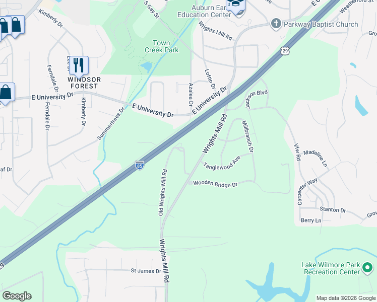 map of restaurants, bars, coffee shops, grocery stores, and more near 1675 Old Wrights Mill Road in Auburn